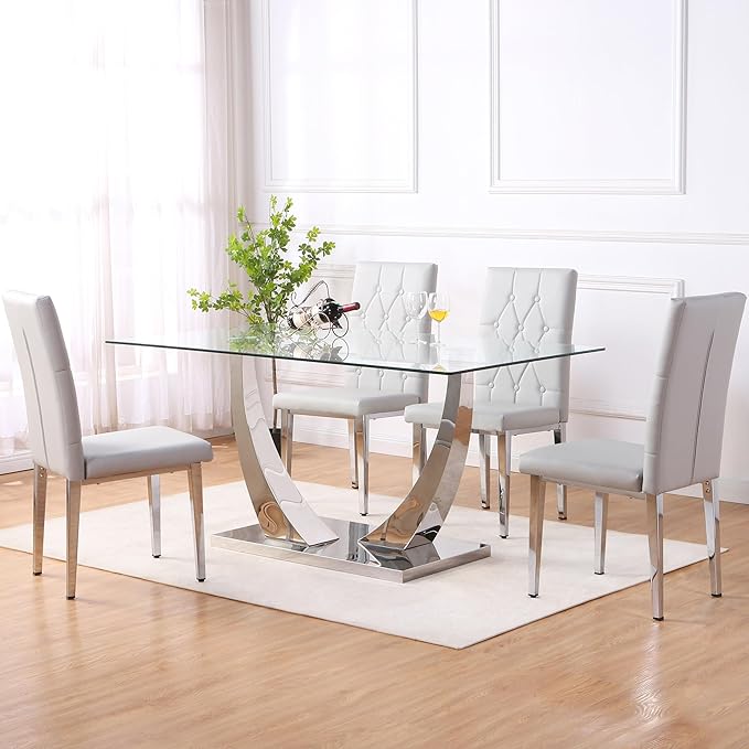 Modern Dining Table Set for 4,Dining Room Table Set for 4,Kitchen Table Set with 4 PU Leather Chairs,63'' Glass Dining Table Set with Silver U-Shaped Table Legs and Rectangular Base