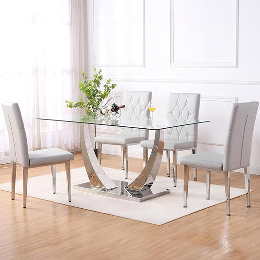 Modern Dining Table Set for 4,Dining Room Table Set for 4,Kitchen Table Set with 4 PU Leather Chairs,63'' Glass Dining Table Set with Silver U-Shaped Table Legs and Rectangular Base