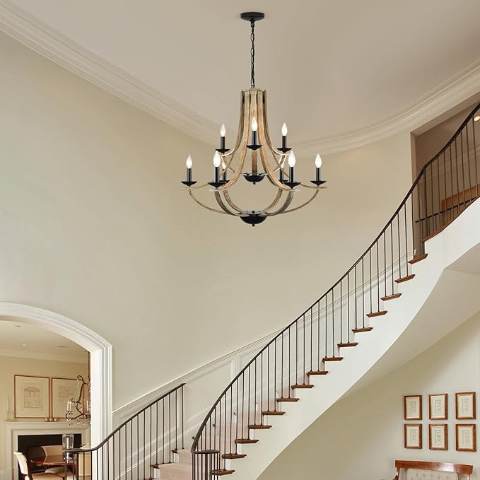 Farmhouse Chandeliers for Dining Room Light Fixture, 9-Light 31" Adjustable Height Retro Faux Wood Texture Rustic Light Fixtures for Living Room Bedroom Kitchen Island Foyer Entryway