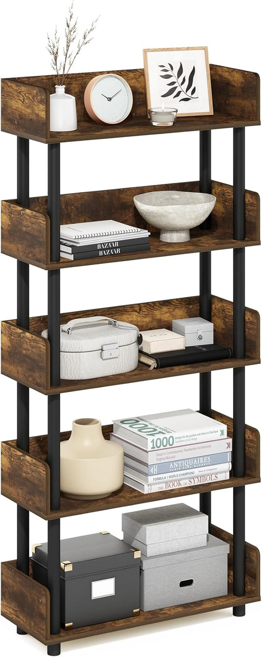 Furinno TURN-N-TUBE 5-Tier Display Shelf, Storage Shelves, Book Shelf, Open Shelves with Rounded Corner Top Edges, for Organization and Storage, Living Room, Home Office, Amber Pine