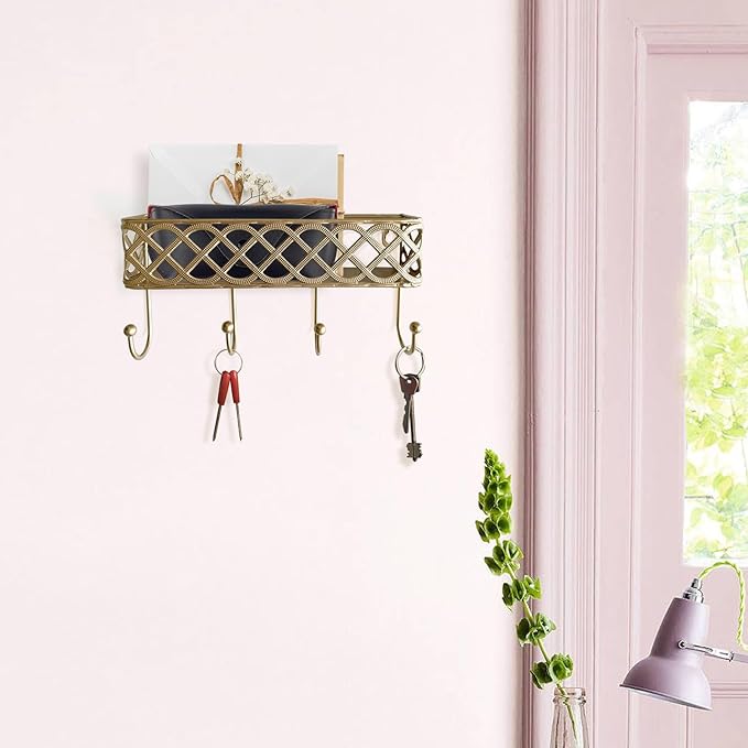 Celtic Knot Key Holder Wall Shelf - Entryway Wall Mounted Organizer with 4 Hooks, Metal Storage for Keys, Wallets, Bags, Hats (Golden)