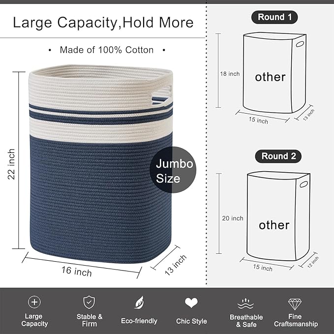 OIAHOMY Laundry Hamper-Laundry Basket,Tall Cotton Storage Basket with Handles,Decorative Blanket Baskets for Living room,Collapsible Large Baskets for Toys,Pillows,Clothes-16x13x22in-Blue