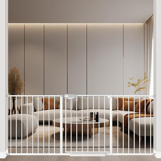 ALLAIBB Triple Lock Extra Wide Baby Gate Pressure Mounted Walk Through Safe Auto Close White Metal Dog Pet Puppy Cat for Stairs,Doorways,Kitchen 68.11-75.98"