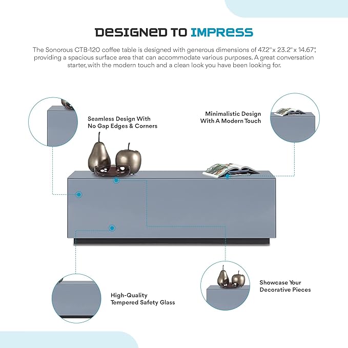 SONOROUS Premium Tempered Glass Coffee Table - Modern Gray Rectangular Coffee Tables for Living Room - High Gloss Fingerprint Resistant Mid Century Design - Stylish Living Room Furniture & Décor