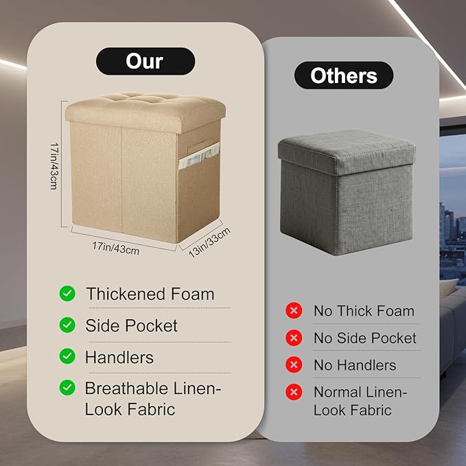 Ottoman with Storage, Small Storage Ottoman Foot Rest with Thicker Foam Padded Seat. 61L Slim Tall Foldable Linen Cloth Foot Stool for Living Room Bedroom, 300lbs Weight Support, 17x13x13IN, Beige