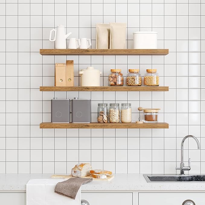 Floating Shelves for Wall, 1.5" Thick Wall Shelf Set of 3 with Invisible Bracket, L39.4 x W7.9 Hanging Shelves Farmhouse Home Decor for Bathroom, Living Room, Bedroom Rustic Brown 10301BJP3BF