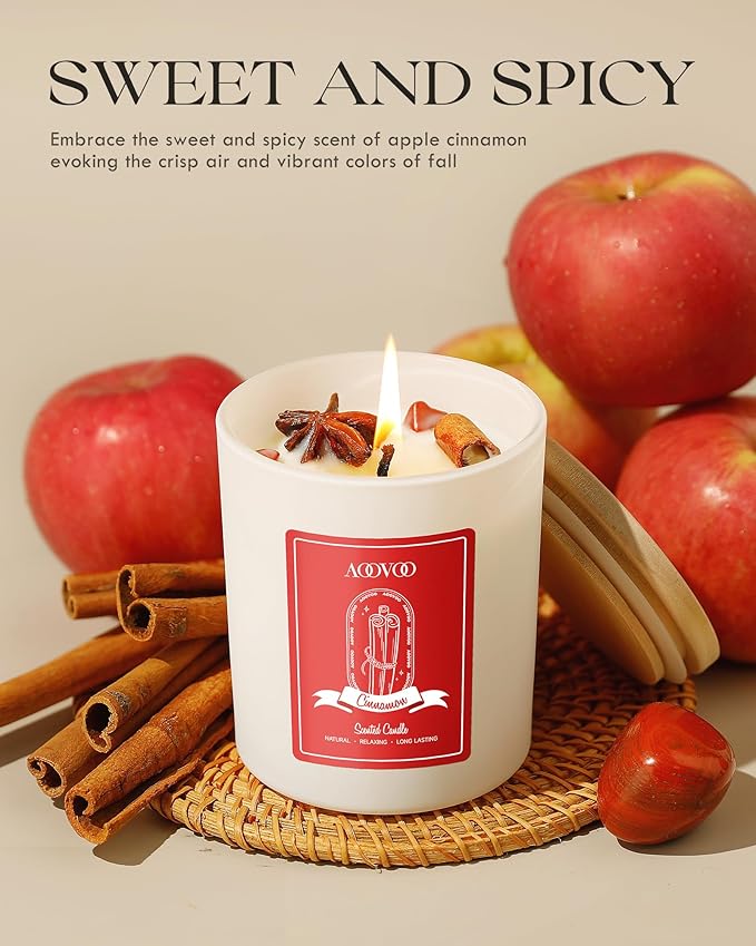 AOOVOO Apple Cinnamon Scented Candles for Women - Aromatherapy Candle with Crystals Inside, 10oz Soy Candles for Home Scented, Birthday Gifts Christmas Candle for Women Mom