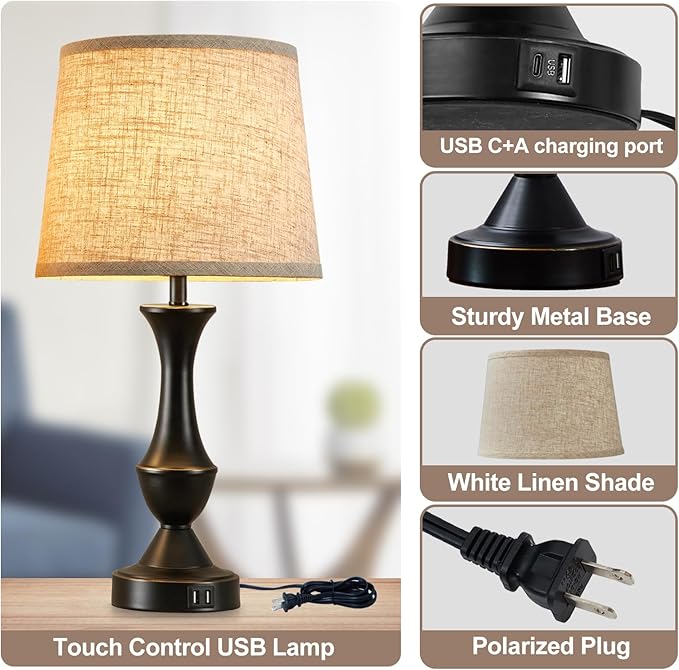 Luvkczc Upgraded Touch Table Lamps Set of 2, 22" Tall Bedside Lamps with USB C+A Ports, Dimmable Nightstand Lamps for Bedroom, Living Room, Office, Black Lamp with Beige Lampshade, Bulb Included
