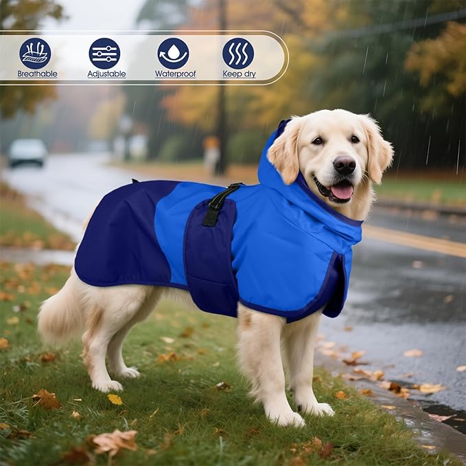 BRKURLEG Dog Raincoat Adjustable Dog Rain Jacket with Hood Dogs Waterproof Rainproof Jacket with Leash Hole Pet Poncho Rain Coat Poncho with Reflective Strip, Blue, XXL