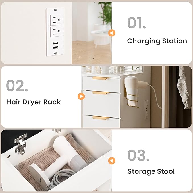 Pamapic 11 Drawers Makeup Vanity with Mirror and Chair, Glass Top Vanity Desk with Power Outlet, 3 Lighting Modes Dressing Table with Golden Handles, Silent Slides and Portable Mirror, White