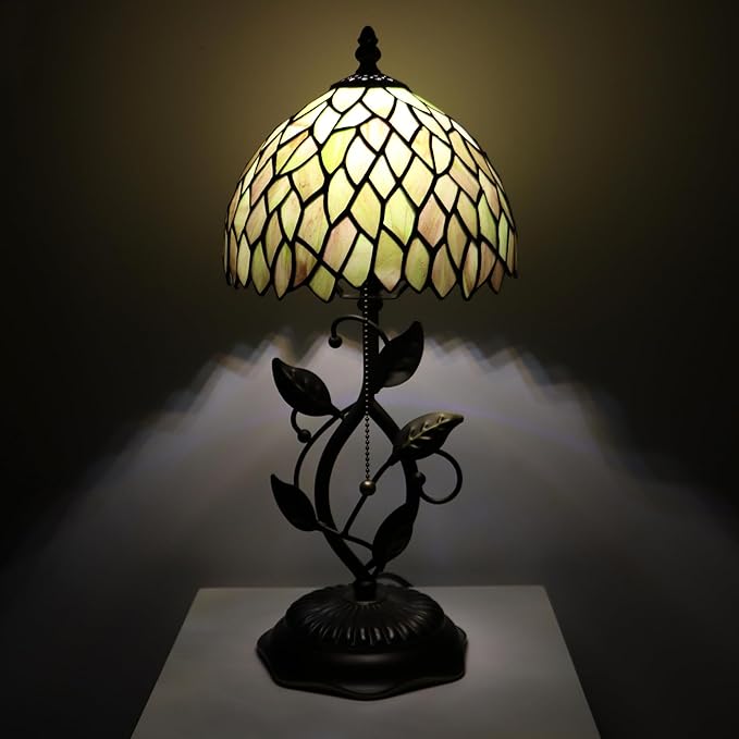 Small Tiffany Lamp Brown Green Leafage Style Stained Glass Table Lamps Desk Bedside Reading Light 8X8X18 Inches with Bronze Metal Leaf Resin Base