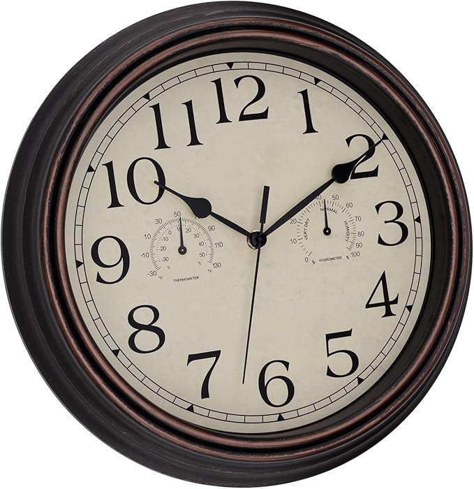 Foxtop Indoor Outdoor Waterproof Wall Clock with Thermometer and Hygrometer Combo, 14 Inch Retro Silent Non-Ticking Battery Operated Quartz Round Outdoor Clocks for Patio Home Office (Bronze)