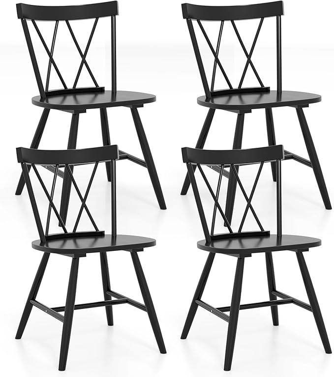 Giantex Windsor Dining Chairs Set of 4, Farmhouse Wooden Kitchen Chairs w/Cross Back, Wide Seat, Rubber Wood Frame, Armless Side Chairs for Kitchen, Dining Room, Living Room, Restaurant, Black