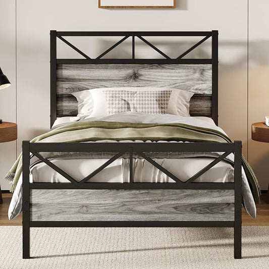 Twin Size Bed Frame with 51.2" Tall Headboard and Footboard, Platform Bed Frame with Metal Support, Solid and Stable, Noise Free, No Box Spring Needed, Wash Grey