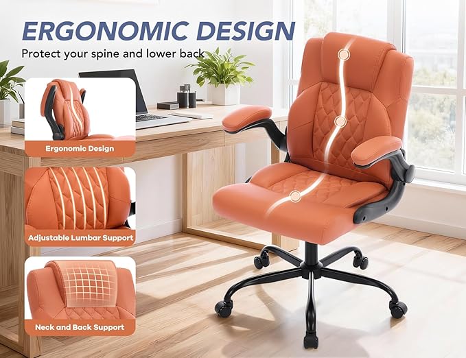 Office Chair with Adjustable Lumbar Support,Leather Ergonomic Computer Desk Chair with Flip-up Arms,Adjustable Tilt Lock,Swivel Rolling Executive PC Chair for Work, Study,Meeting,Small Space.Brown