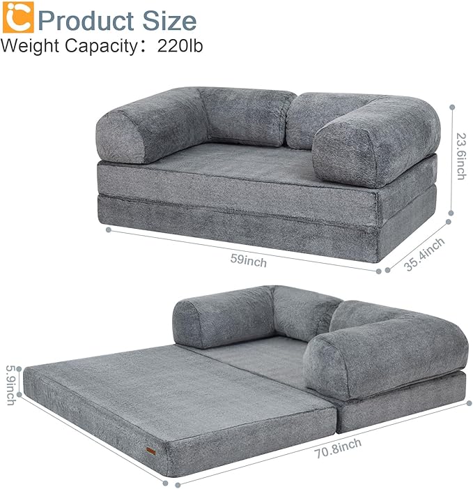 COMAX 4-in-1 Futon Sofa Bed, Queen Size Foldable Couch with L-Shaped Armrests, Convertible Sleeper Chair Bed, Comfortable Lounge Mattress for Living Room and Bedroom, Snow Grey