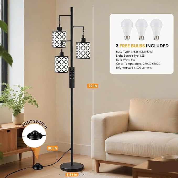 New Upgraded 72" Tall Dimmable Floor Lamp, 3 x 800LM 9W LED Bulbs Included, Farmhouse Standing Lamp with Remote Control, Industrial Tree Pole Floor Lamps for Living Room, Bedroom, Study Room - Black