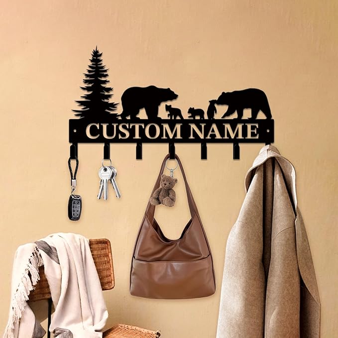 Personalized Custom Name Bear Key Wall Hooks,Metal Bear Keys Clothes Hooks,Metal Bear Wall Home Storage Decorative,For Front Door, Hallway, Kitchen, Bedroom,Keys,Hats (Style J)