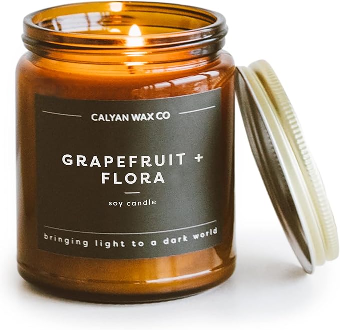 Calyan Wax Co. Grapefruit & Flora Scented Candle - 57 Hour Burn - Luxury Non Toxic Soy Wax Candles - Long Lasting Amber Glass Jar Candle for Home - 7.2oz