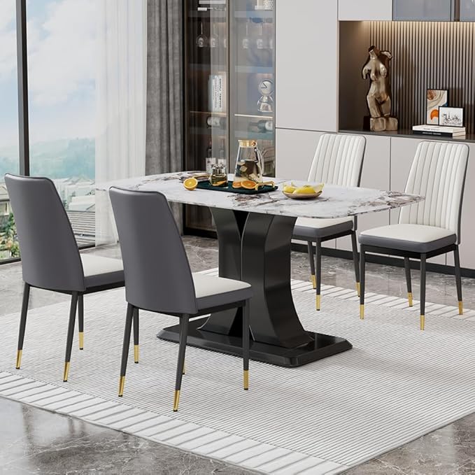 Modern Marble Dining Table Set for 4 - Rectangular Kitchen Table With PU Leather Upholstered Chairs for Dining Room (Off White-C, White)