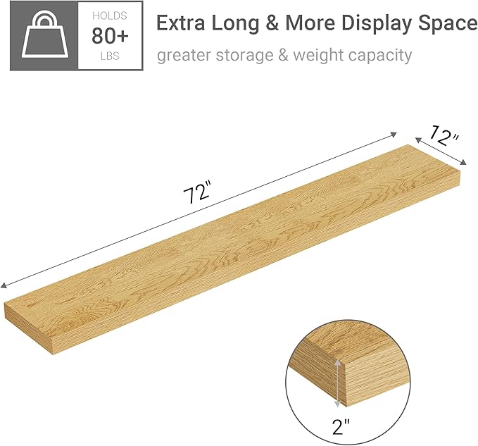 Vivelove 12" Deep Floating Shelves with Invisible Brackets, 72" Wall Shelves for Bathroom Bedroom Kitchen Living Room Laundry Room, Modern Rustic Shelves for Home Decor, 72"x12"x2", Set of 1, Oak