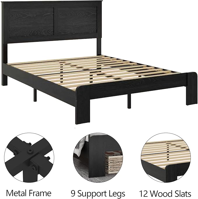 Queen Size Bed Frame, Vintage Platform Bed Frame with Wood Headboard and Footboard, 12 Wood Slats Support, No Box Spring Needed (Black)