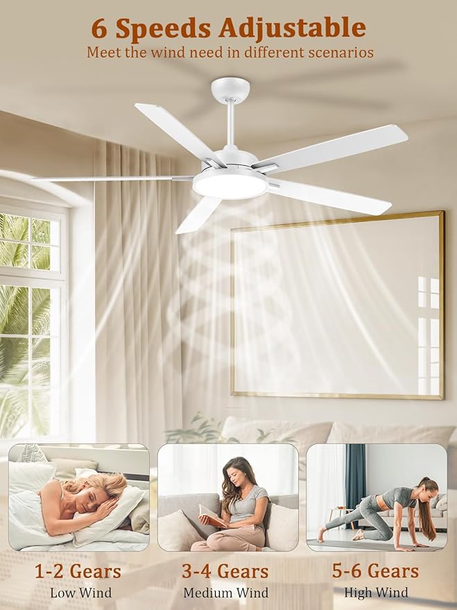 TALOYA Large Ceiling Fans with Lights and Remote, Reversible Quiet DC Motor, 6 Speeds, 3CCT, Dimmable, 62 inch White Modern Ceiling Fan for Patios, Living room, Bedroom, Farmhouse, Indoor, Outdoor