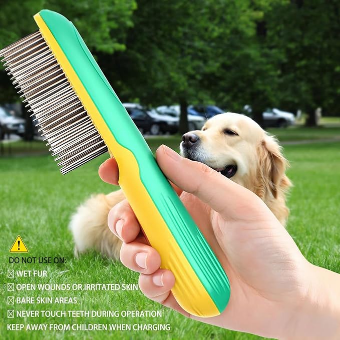 Professional 3-Row Tick & Flea Comb for Pets - Stainless Steel Teeth with Negative Ion Technology | Electric Grooming Tool for Tick Removal on Dogs, Cats & Long-Haired Animals