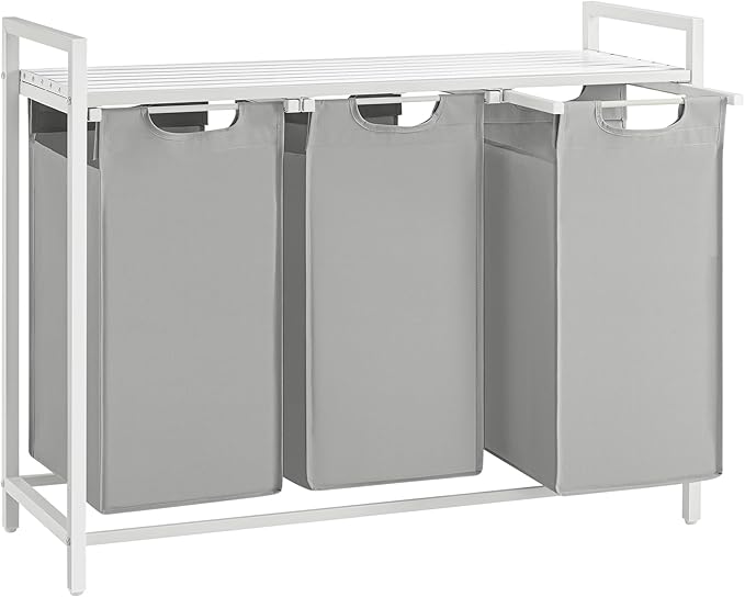 VASAGLE Laundry Hamper, Laundry Basket, Laundry Sorter with 3 Pull-Out and Removable Bags, Shelf, Metal Frame, 3 x 10.6 Gallons (40 L), 36.4 x 13 x 28.4 Inches, Dove Gray and Cloud White UBLH301W03