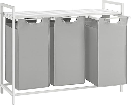 VASAGLE Laundry Hamper, Laundry Basket, Laundry Sorter with 3 Pull-Out and Removable Bags, Shelf, Metal Frame, 3 x 10.6 Gallons (40 L), 36.4 x 13 x 28.4 Inches, Dove Gray and Cloud White UBLH301W03