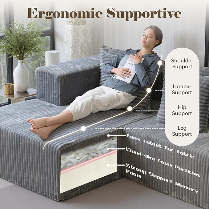 106'' Boneless Couches for Living Room, L Shaped Modular Sectional Sofa with Chaise Lounge, Faux Rabbit Fur & Layered Cushion Deep Seat Cloud Couch, No Assembly (Grey, 130 U Shaped)