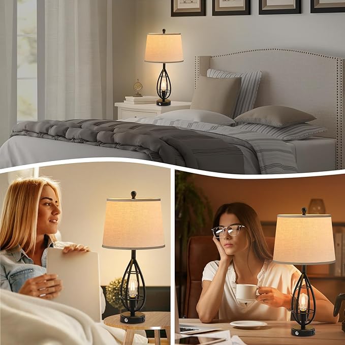 27.8" Farmhouse Table Lamps for Living Room Set of 2, Rustic Nightstand Lamps for Bedroom End Tables with USB Ports, 3-Way Dimmable Touch Industrial Bedside Lamps, Bulbs Included(Black)