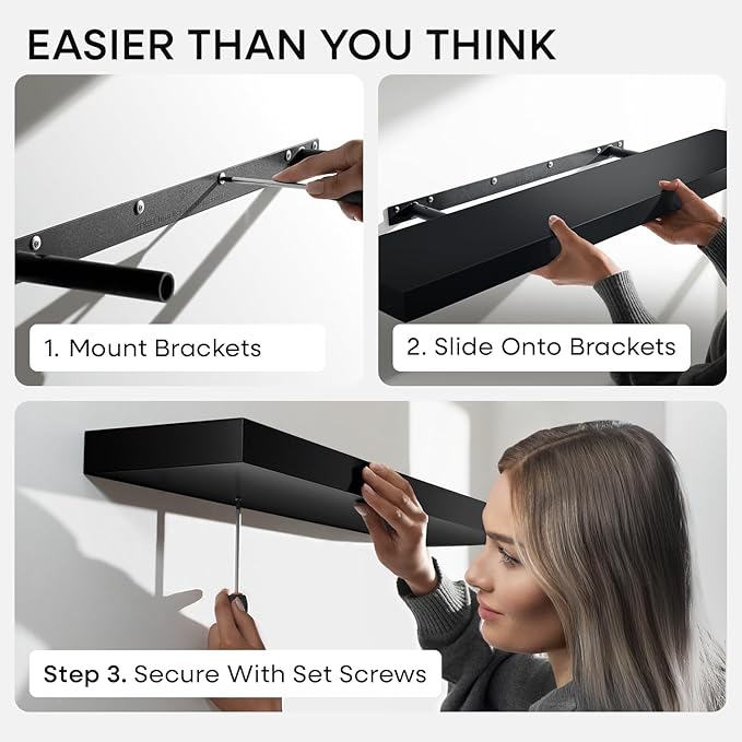 Homeforia Floating Black Shelf 42 inch, High End Solid Real Wood 42 inches Long Floating Shelves for Wall, Black Wooden 42inch Large Floating Shelves, Heavy Duty Bracket, 42 X 6.5 X 1.75 in, Set of 2