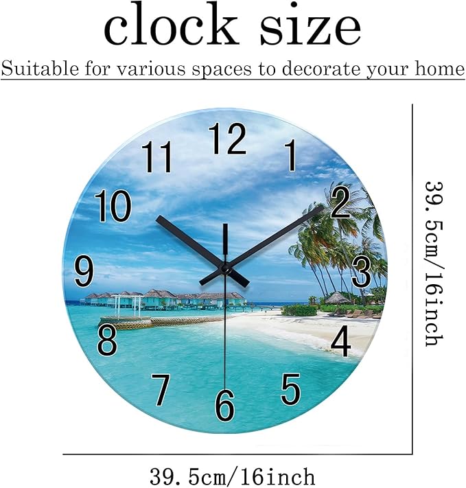 XFM Blue Beach Wall Clock 16 Inch Silent Wall Clocks Battery Operated Coastal Nautical Clock Decorative for Living Room Bedroom Bathroom
