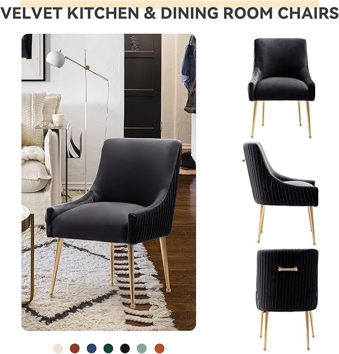 Dining Chairs, Accent Chairs Set of 4, Modern Upholstered Kitchen Dining Room Chairs with Gold Legs, Fabric Tufted Velvet Living Room Chairs for Reception Room Bedroom Guest Room (Black)