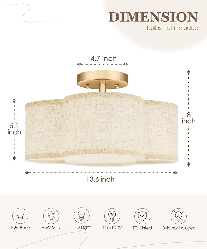 Gold Semi Flush Mount Ceiling Lights, 4-Light 14" Gold Light Fixtures Ceiling Mount with Fabric Shade in Quatrefoil Shape, Drum lighting fixture for Nursery Bedroom Kitchen, AD-22007-4SF-GD-B