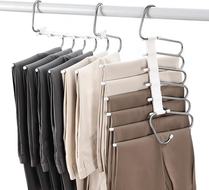 Upgraded Collapsible Pants Hangers Space Saving, 6 Layers Clothes Rack, Stainless Steel Multifunctional Closet Organizer, Non Slip Metal Hangers for Pants Jeans Skirts Trousers (4 Pack)