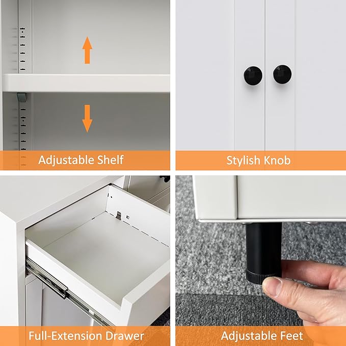 Metal Storage Cabinet with 2 Drawers and Adjustable Shelf, Sideboard Buffet Cabinet for Home, Office, Hallway, Entryway, Living Room, Kitchen Pantry and Dining Room (34.8" H, with Feet, White)