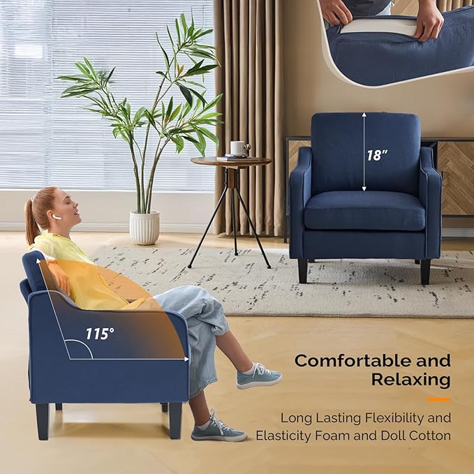 VINGLI Navy Blue Accent Chairs for Living Room, Line Comfy Upholstered Chair Mid Century Modern Armchair for Bedroom, Home Office, Small Spaces, Apartment