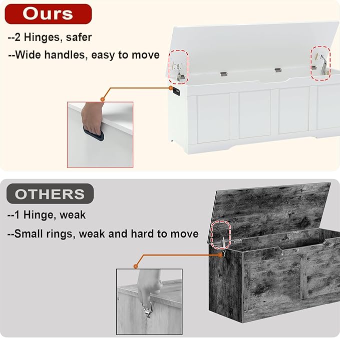 47.2" Storage Chest, Extra Large Storage Trunk with 2 Safety Hinges, Wooden Storage Bench, Shoe Bench, Entryway Bench for Living Room, Bedroom, White