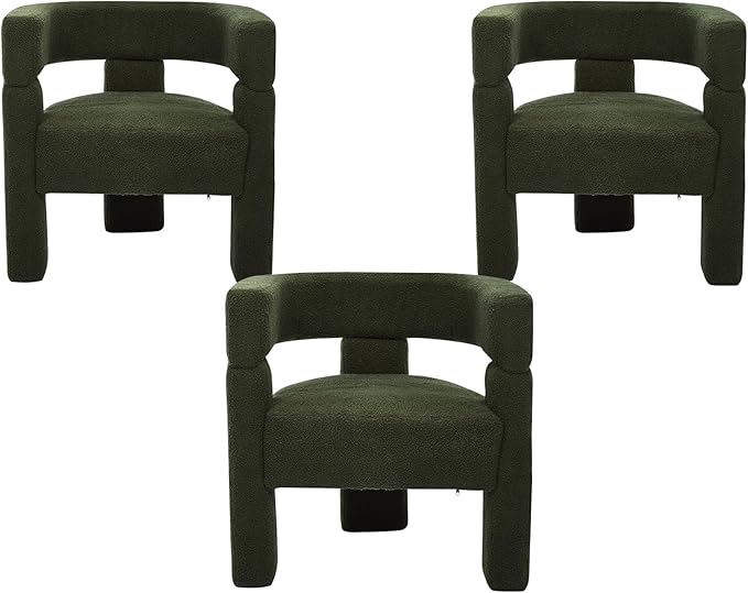 Sherpa Barrel Dining Chairs Set of 3, Upholstered Boucle Accent Kitchen Chairs with Arms, Comfy Faux Fur Side Chair Modern Armchair for Dining Room, Bedroom, Home Office, Green