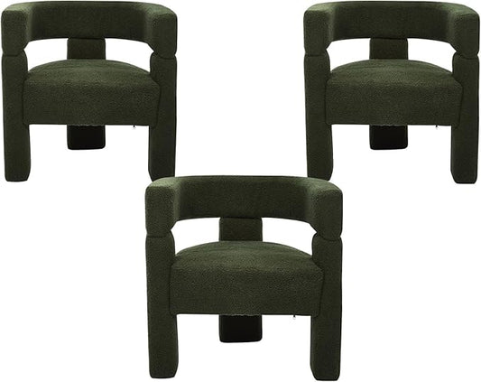 Sherpa Barrel Dining Chairs Set of 3, Upholstered Boucle Accent Kitchen Chairs with Arms, Comfy Faux Fur Side Chair Modern Armchair for Dining Room, Bedroom, Home Office, Green