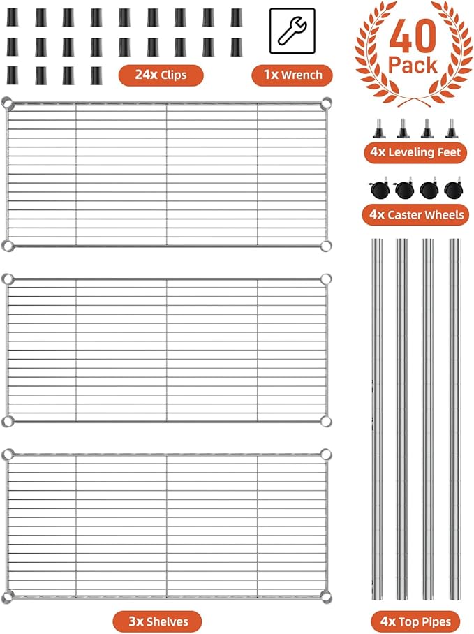 HealSmart 3-Tier Heavy Duty Storage Shelving Unit,Chrome,24.02" D x 13.78" W x 21.97" H inch, 1 Pack