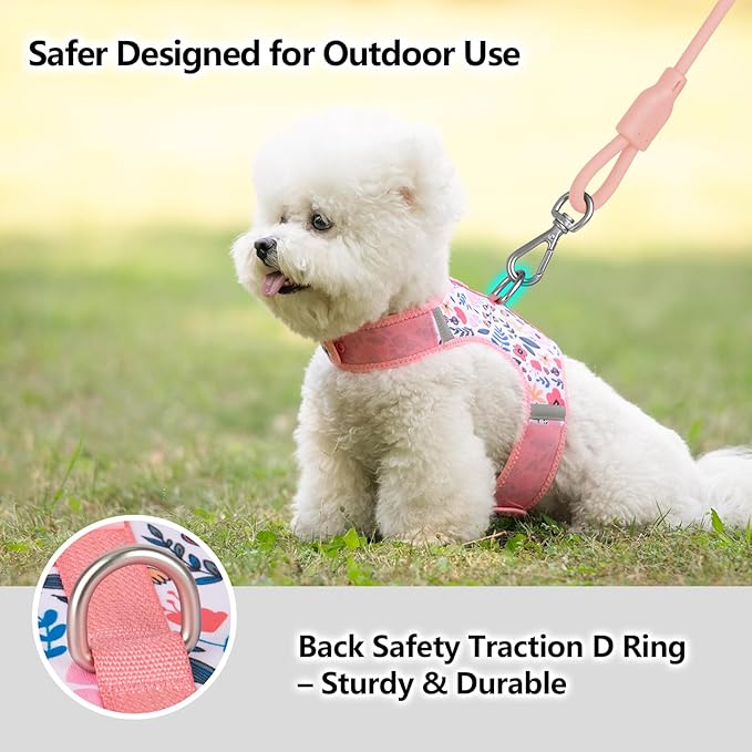 Dog Harness for Small Sized Dog,Hook-and-Loop Easy On/Off, Reflective Adjustable Soft Mesh Vest for Puppy(Pink Floral Print,XXS)