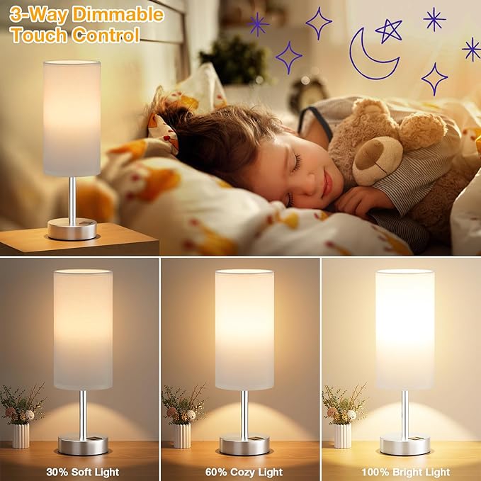 Dicoool White Touch Bedside Lamp with USB - 3 Way Dimmable Table Lamp for Bedroom, Nightstand Lamp with Nickel Charging Station and Silver LampHolder for Dorm Kids Room, Small