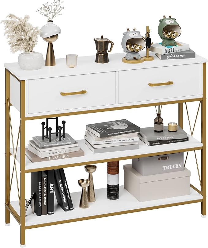 HITHOS Industrial Console Table with Drawers, Vintage Hallway Foyer Table with Storage Shelves, Narrow Long Sofa Entryway Table for Living Room, White/Gold