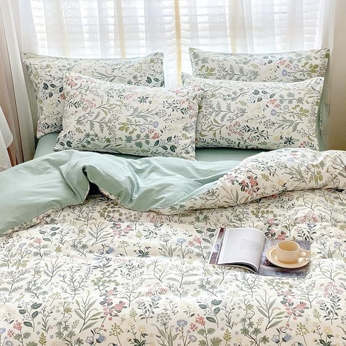 Floral Wildflower Duvet Cover Full Sage Green Botanical Duvet Cover 100% Cotton Vintage Floral Bedding Set Full Rustic Garden Flower Comforter Cover Girls Cottagecore Bedding Set with 2 Pillowcases