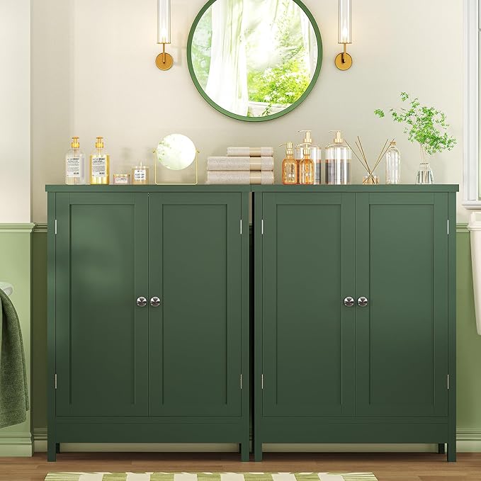 Iwell Bathroom Cabinet, Bathroom Storage Cabinet with 2 Doors & 3 Shelves, 3 Heights Available, for Living Room, Entryway, Home Office, Green