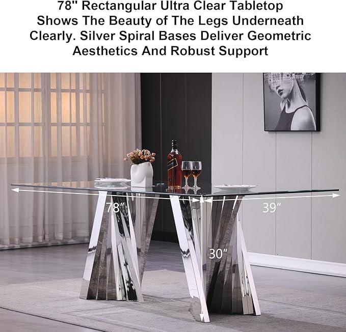 Dining Table for 4-8, 78“ Modern Falcone Kitchen and Dining Table with Tempered Glass Top, Silver Dinner Table for Dining Room, Kitchen, Party