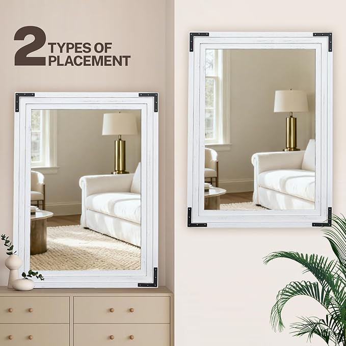 Full Length Mirror 40"x30" Solid Wood Frame Floor Standing Mirror, Hanging or Leaning Wall-Mounted for Living Room, Bedroom, Rustic White